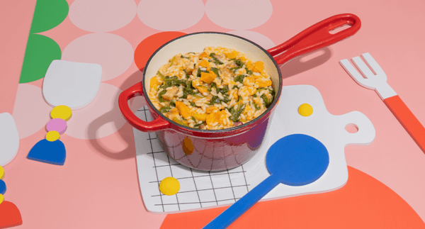 Arroz de Farinheira e Barriga Fumada, com Abóbora Assada e Espinafres | Receita Carne